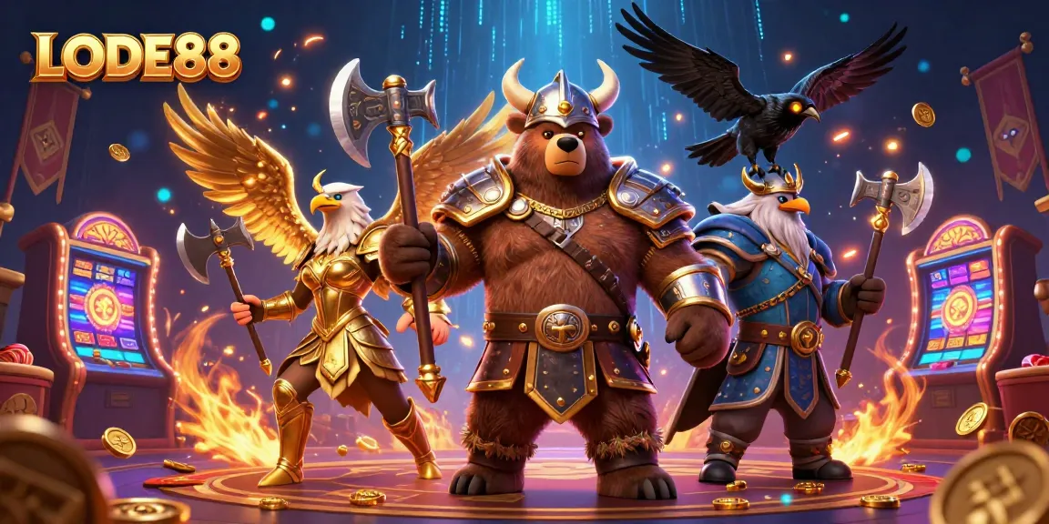 Win big with LODE88 in this vibrant casino scene featuring dynamic game elements.