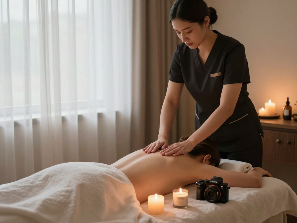 Therapist preparing aromatic oils for mantra88 relaxation massage session in serene spa setting.