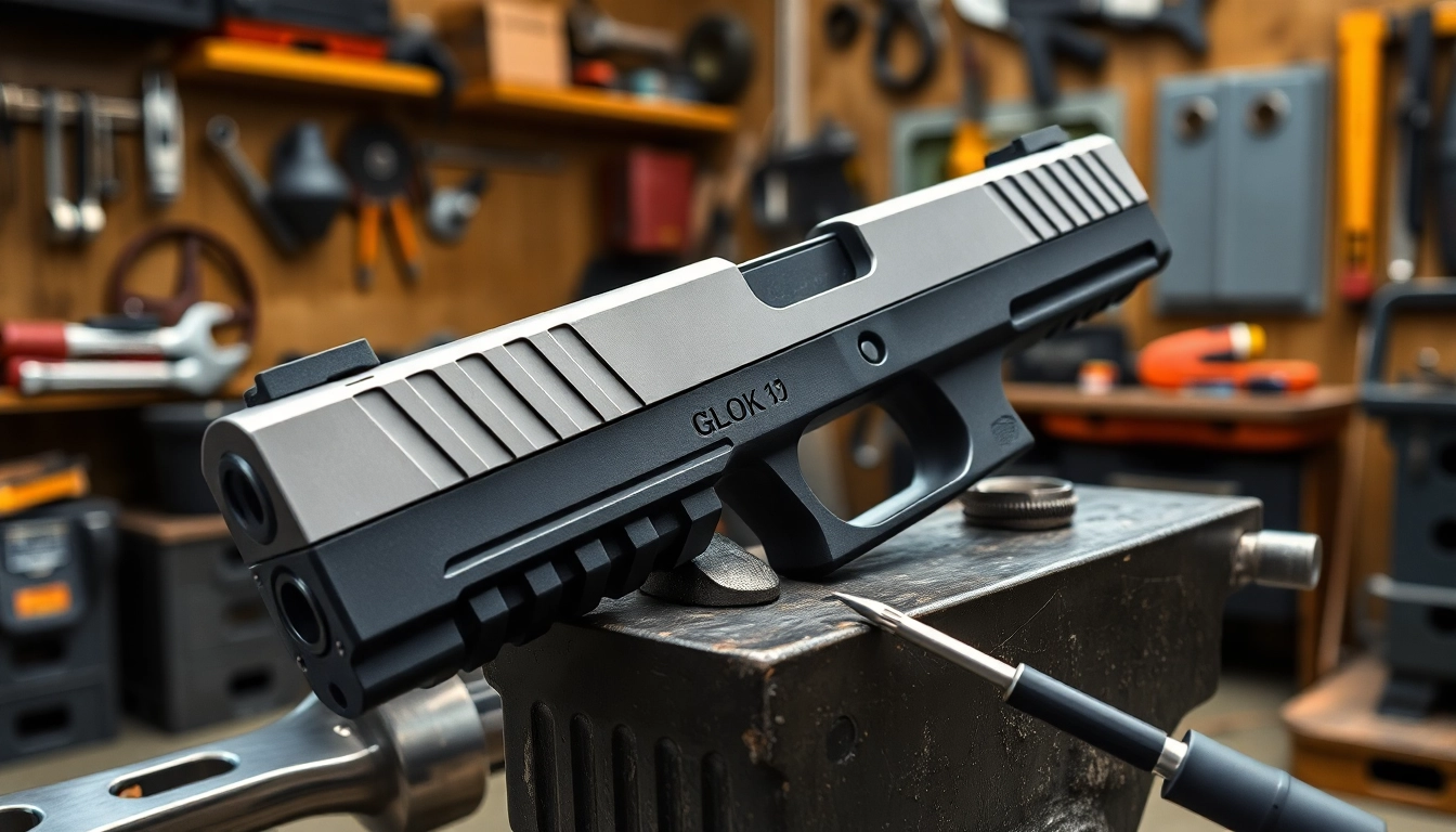 Showcase of glock 43x mos slide on a workbench with tools, emphasizing details and craftsmanship.
