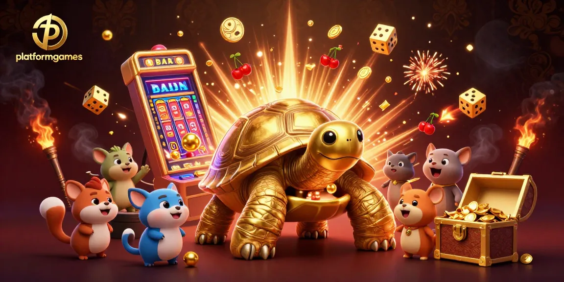 Engage in thrilling gaming at platformgames with a vibrant 3D casino illustration showcasing golden tortoise, slot machine, and jackpot.