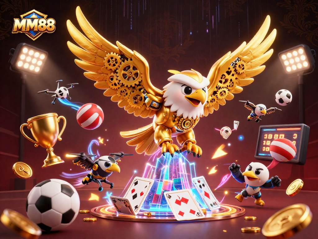 Experience thrilling casino action with MM88 as the golden eagle dives through a cascade of holographic cards.