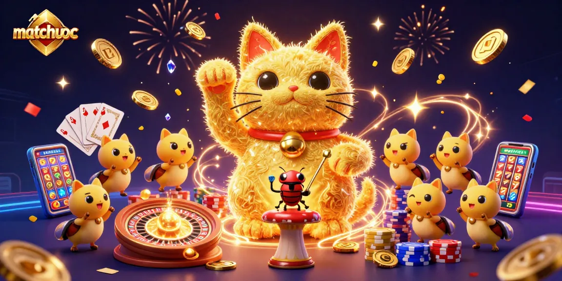 matchuoc showcases a lucky cat of golden fireflies amid vibrant casino symbols and sparkling coins.