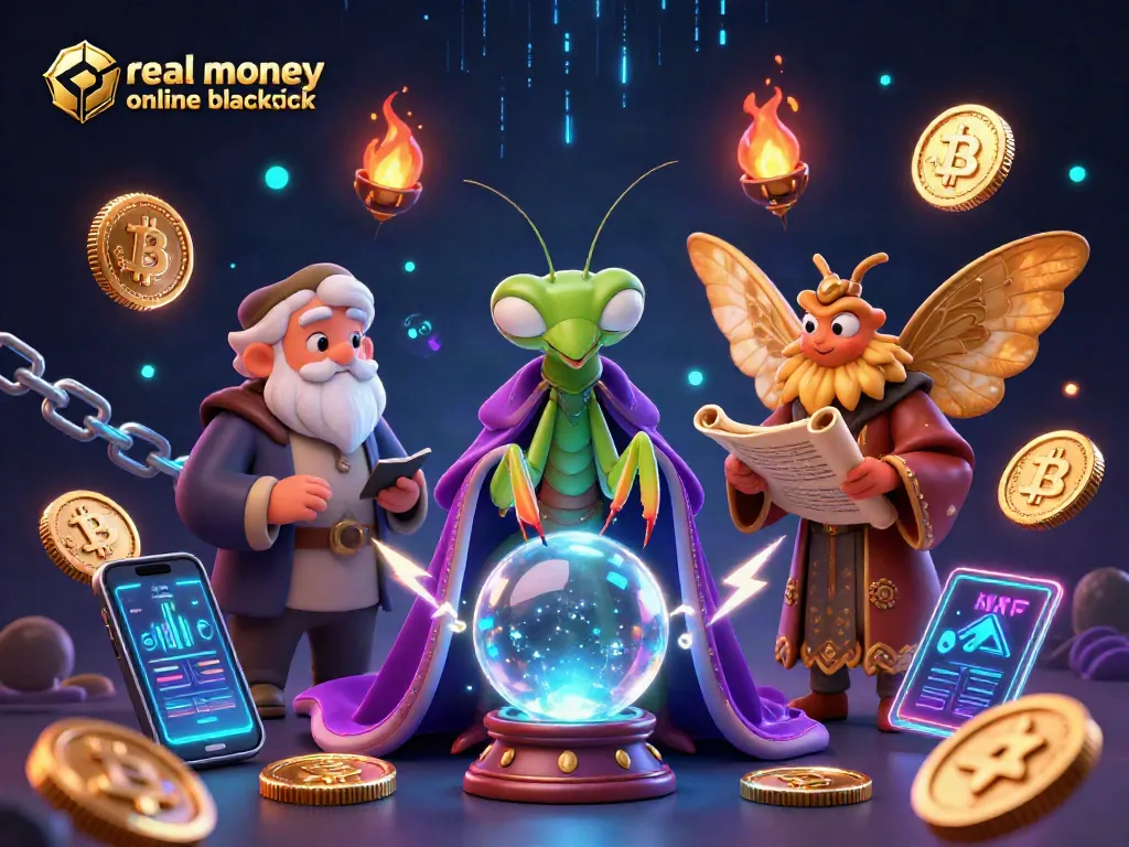 Experience real money online blackjack with a magical scene featuring a fortune teller, librarian, and oracles.