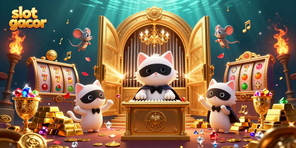 Permainan slot gacor dengan peluang tinggi di backdrop kasino megah yang berkilauan.