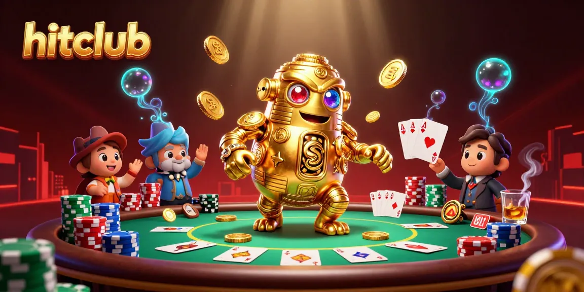 Hitclub players enjoy high-stakes action at a vibrant casino scene filled with poker elements.