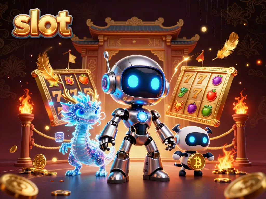Putaran slot seru dengan robot futuristik dan harta karun bersinar di arena kasino.