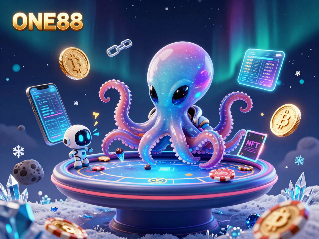 Experience thrilling gameplay at ONE88 with a vibrant alien octopus at a poker table.