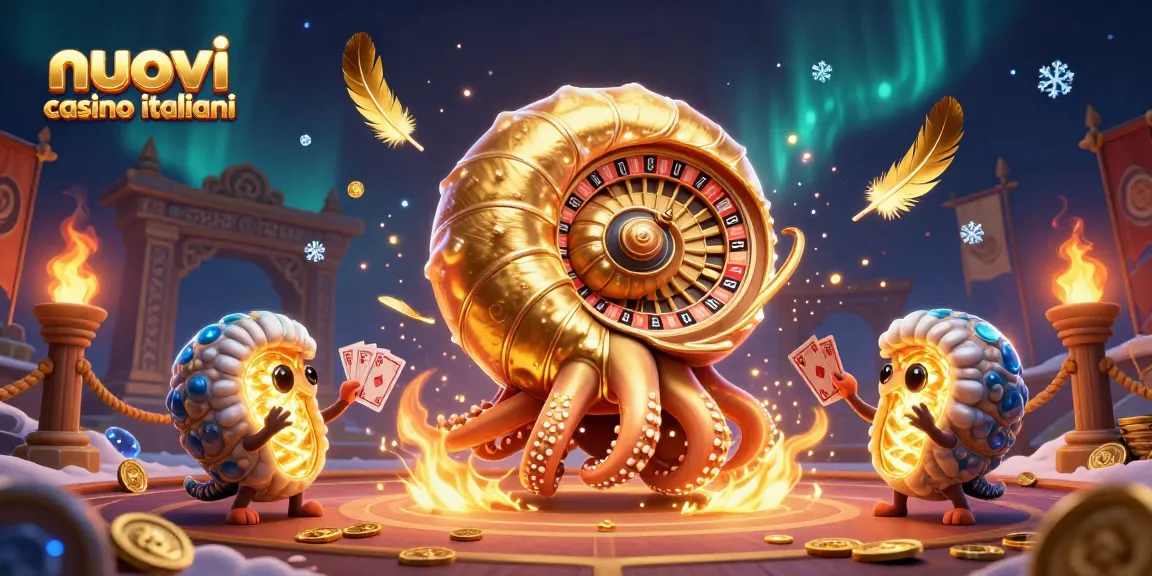 Scopri i nuovi casino italiani con un nautilus 3D che ruota, circondato da elementi di gioco e oro.