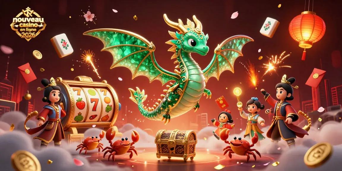 Scène dynamique d'un nouveau casino en ligne 2026 avec un dragon de mer en 3D, des rouleaux de machines à sous et des lanternes flottantes.