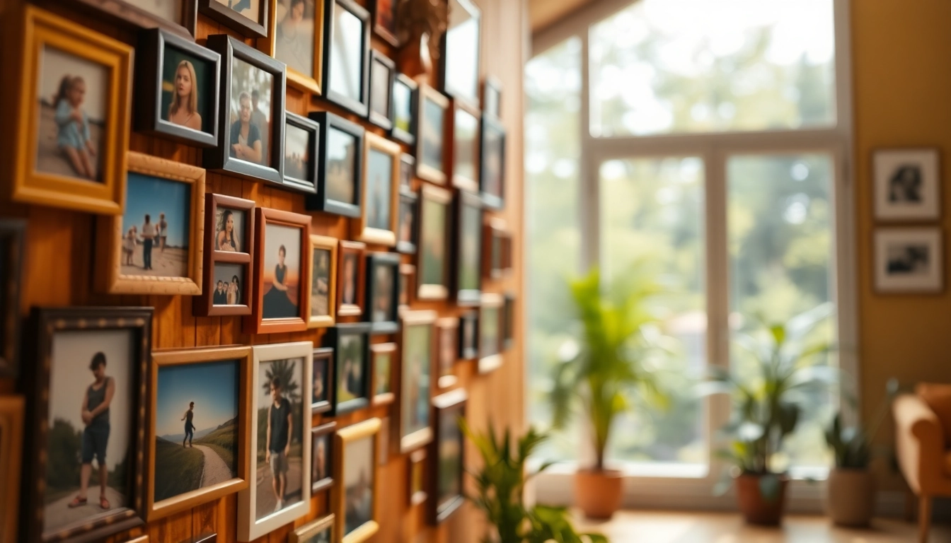 View a creative photo wall filled with colorful framed memories and art pieces.