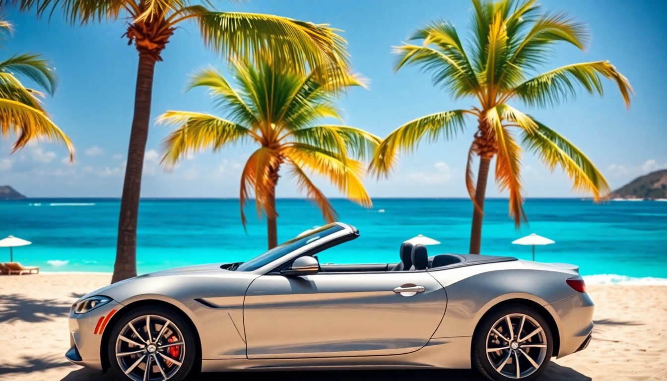 Renting the best car rental st barth with a convertible against a beautiful sandy beach.