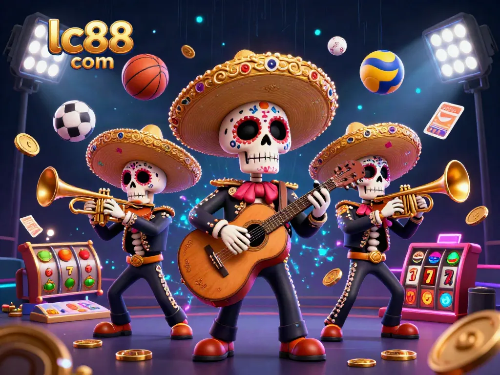 Engage in exciting gaming at lc88 com with a vibrant scene of Day of the Dead skeletons amidst dynamic casino elements.