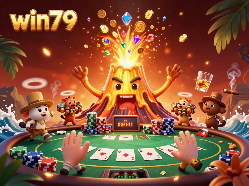 Experience the excitement of win79 with a golden volcano erupting coins, surrounded by thrilling poker elements.