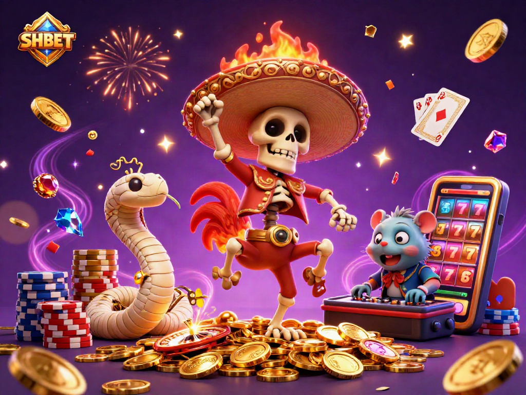 SHBET showcases an enchanting celebration with a mariachi rooster, mummy snake, and DJ hamster in a vibrant casino scene.