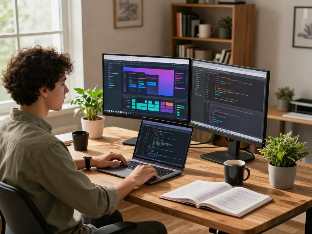Pikashow apk download in a modern home office with dual monitors displaying vibrant app designs and coding.