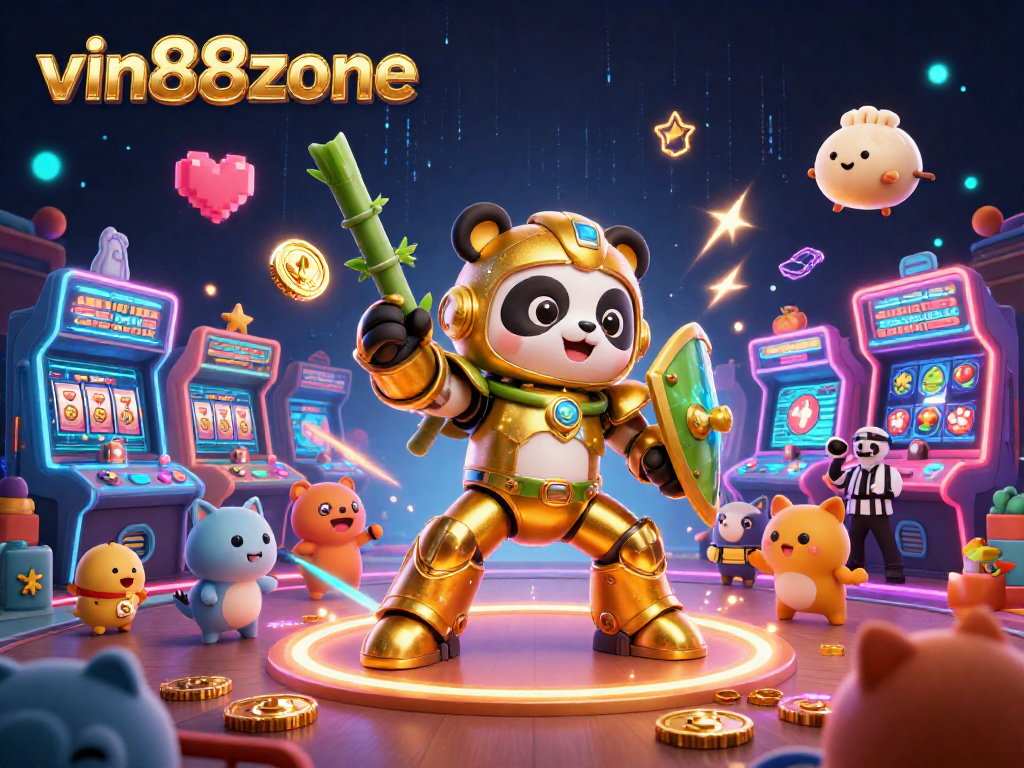 Experience immersive gaming action with vin88zone as a mech-suit panda pilot battles in an arcade casino arena.