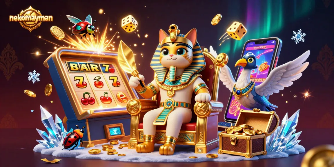 Experience the thrilling nekomayman slot machine with an Egyptian pharaoh cat in a vibrant casino scene.