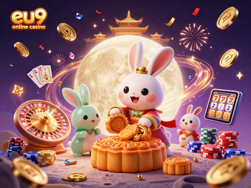 Experience the thrill at eu9 online casino with a vibrant 3D illustration of iconic characters surrounded by casino elements.