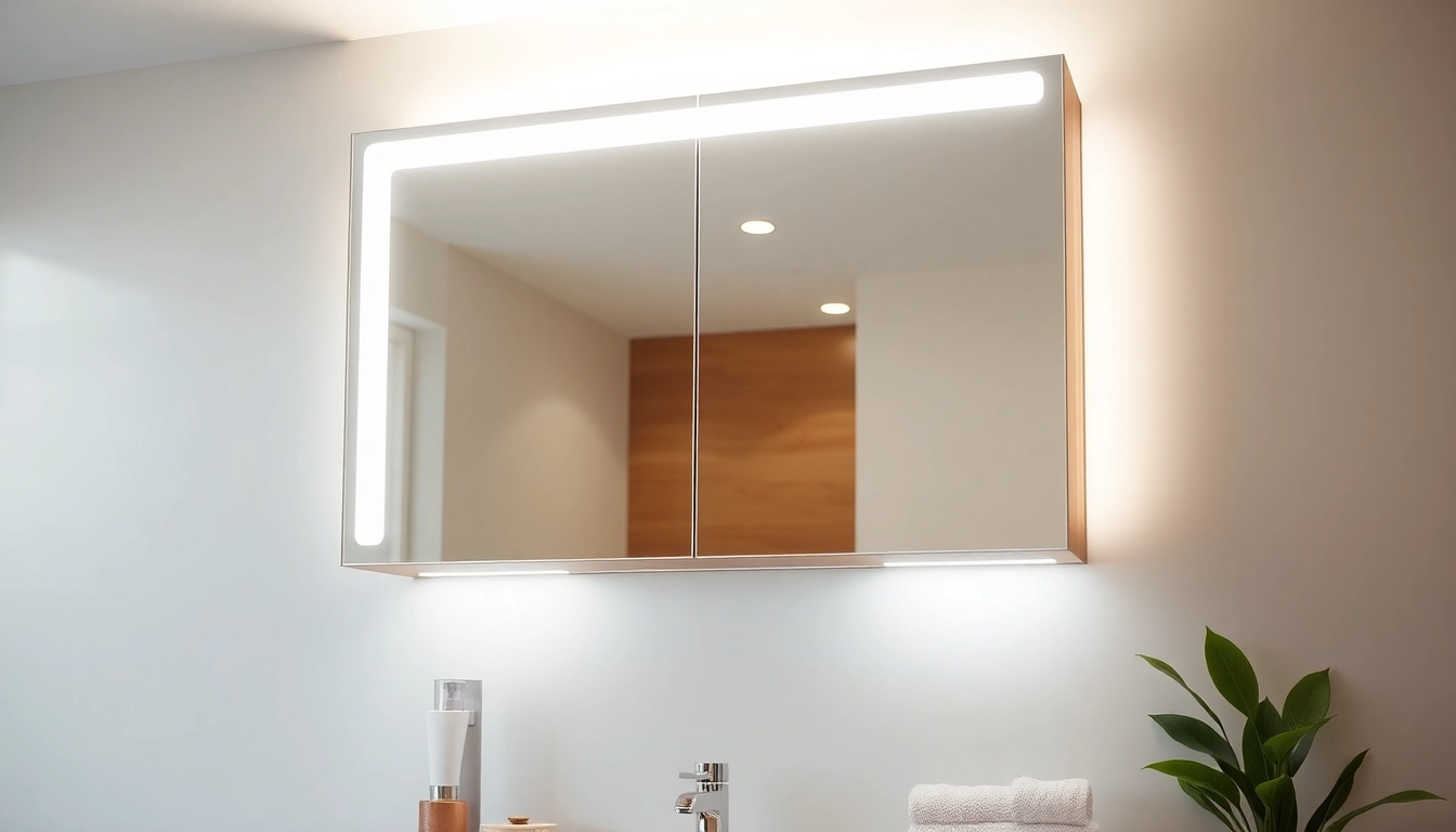 Spiegelschrank Bad mit Beleuchtung in natürlichem Holz und modernem Design.