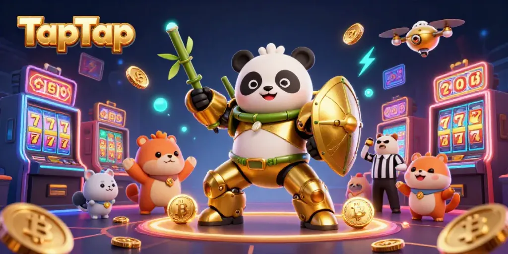 Engaging scene showing TapTap action with a playful mech-suit panda in a vibrant casino atmosphere.