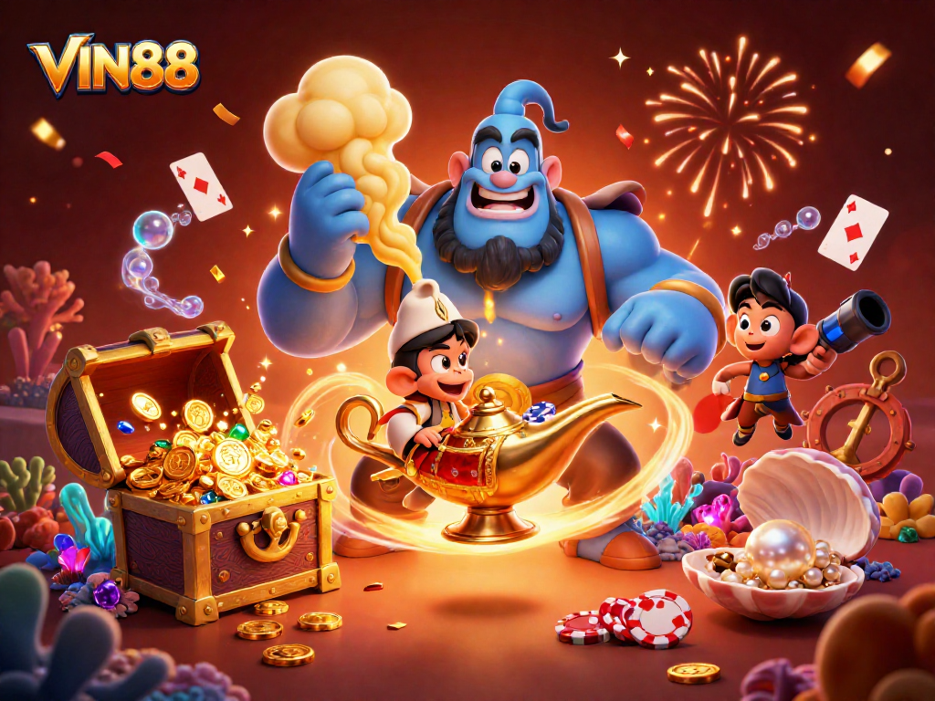Experience the thrilling world of VIN88 with a vibrant 3D casino scene featuring vibrant characters and elements.