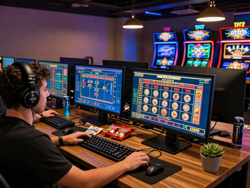 Engaged player experiencing situs toto at home casino with multiple screens and vibrant game displays.
