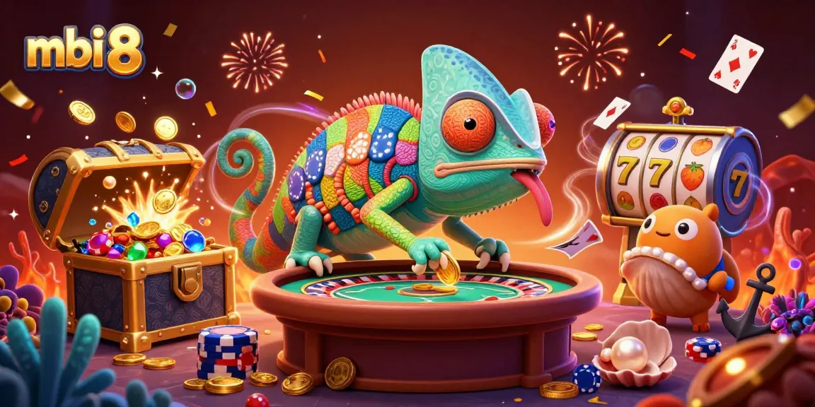 Experience thrilling gaming at mbi 8 with colorful chameleons, treasures, and exciting slot elements.