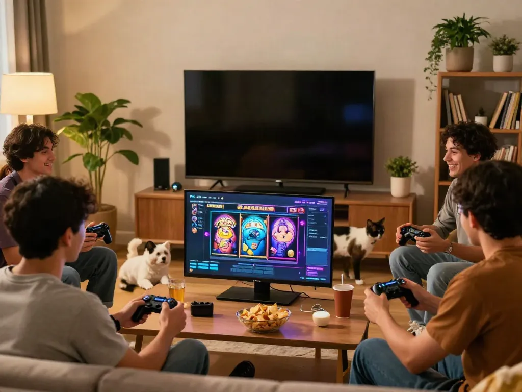Group of friends playing slot gacor game on a large screen, creating a cozy gaming atmosphere.