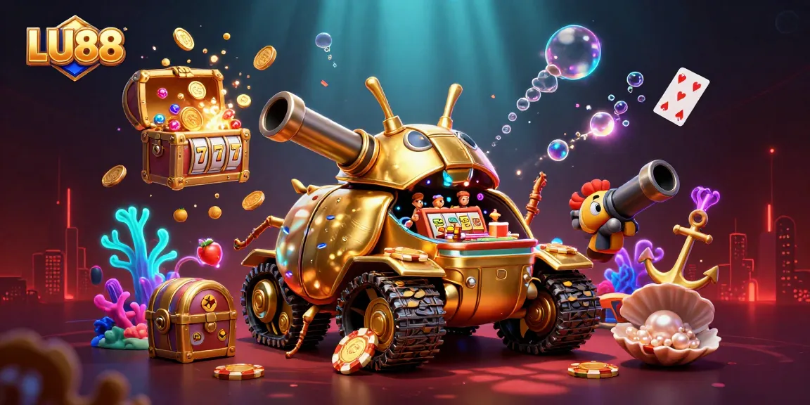 LU88 features an exciting virtual casino scene with a golden beetle tank and slot reels.