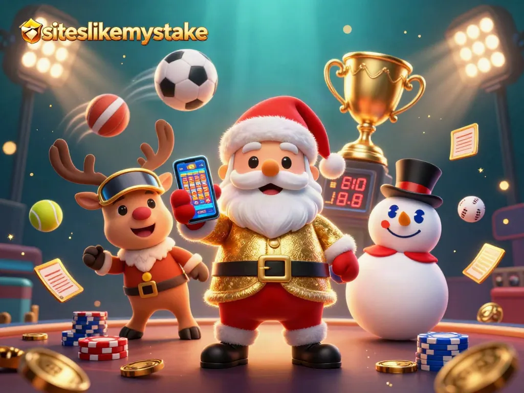 Engage in winning strategies at siteslikemystake with cartoon Santa, his reindeer, and a snowman amidst dynamic casino elements.