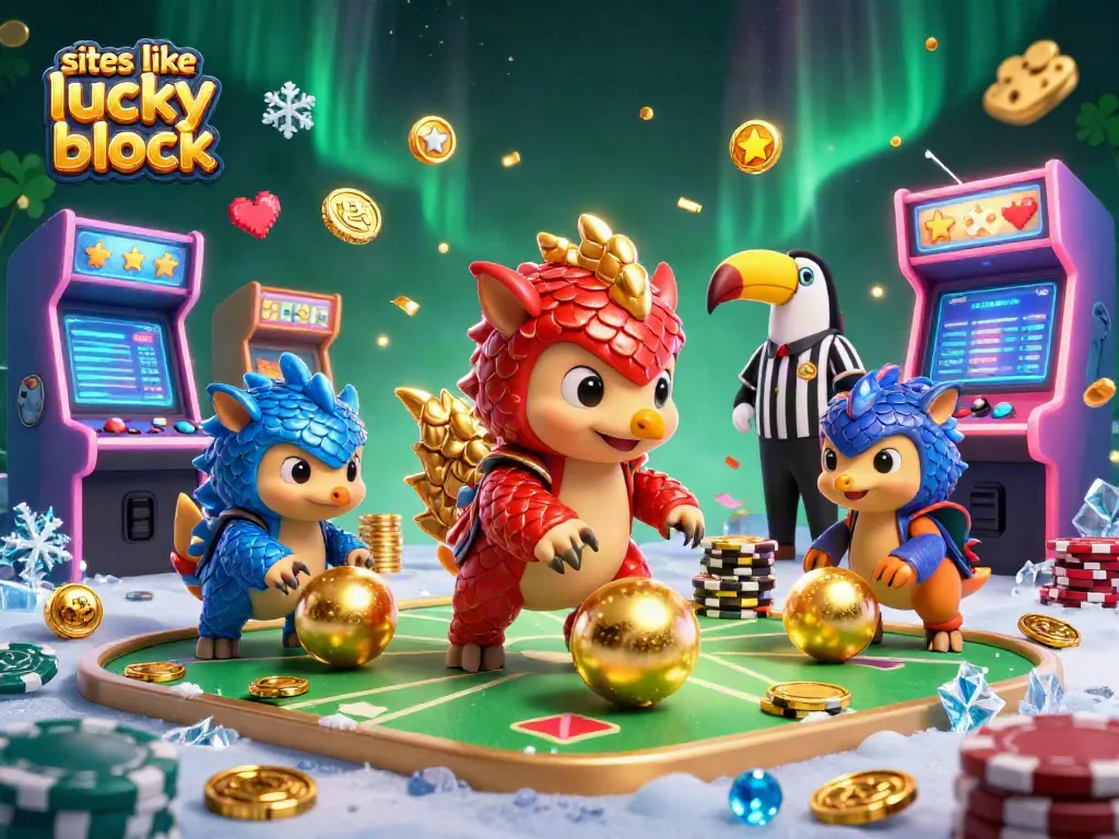 Engage with casinos like Lucky Block featuring colorful pangolins and arcade machines in a vibrant scene.