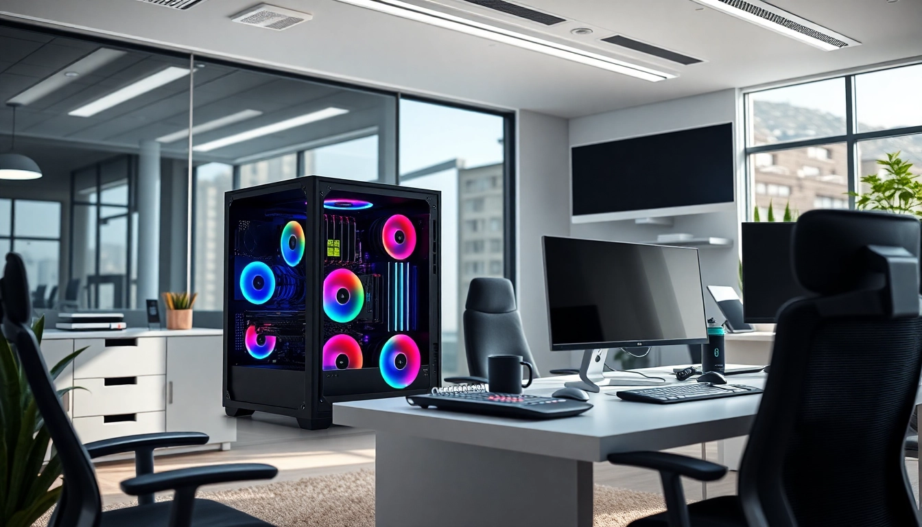 Ρυθμίστε ένα pc με εντυπωσιακό RGB φωτισμό σε γραφείο σύγχρονου σχεδιασμού.