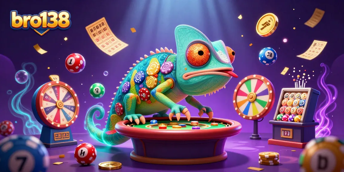 Engage with bro138, the exciting online game hub, showcasing vibrant lottery balls and a chameleon casino owner.