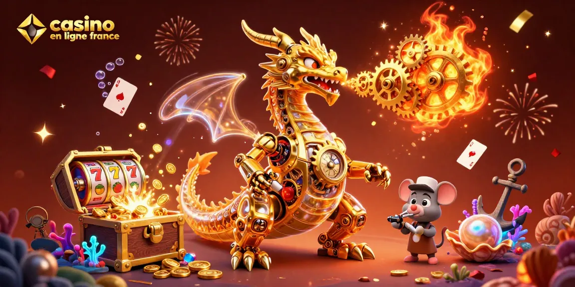 Vivez l'excitation du casino en ligne France avec cette illustration animée d'un dragon mécanique doré entouré de trésors et de machines à sous.