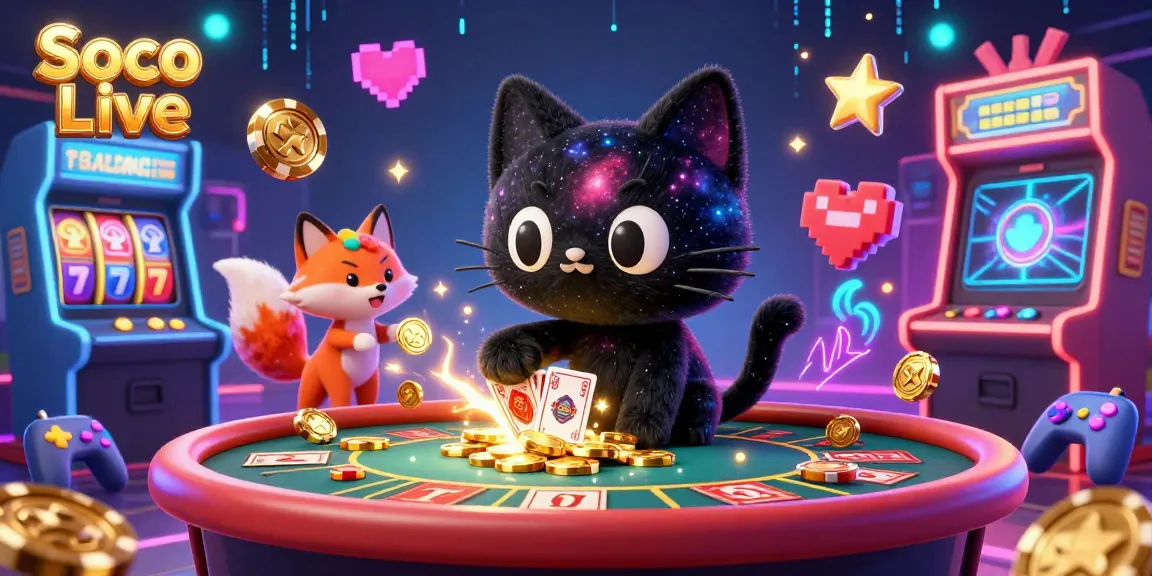 Soco Live brings thrilling casino action with a black hole cat and a nebula fox at a cosmic gaming table, pulling in golden chips.