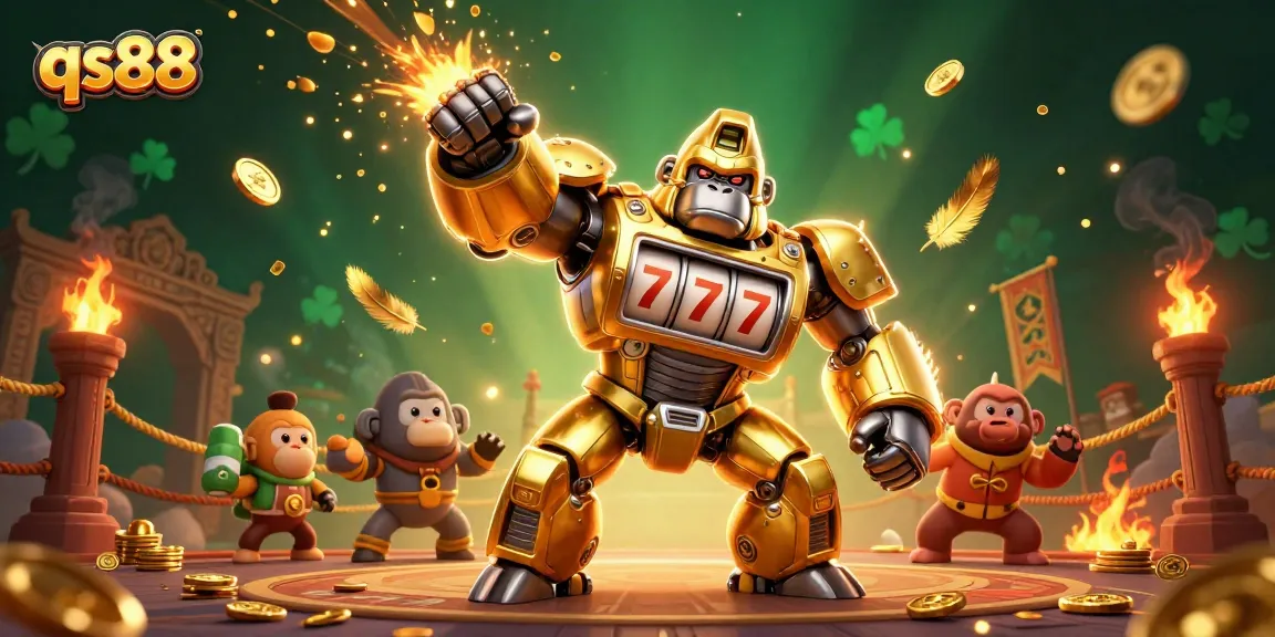 Engage with qs88's vibrant 3D casino scene featuring a golden gorilla mech and dynamic game elements.
