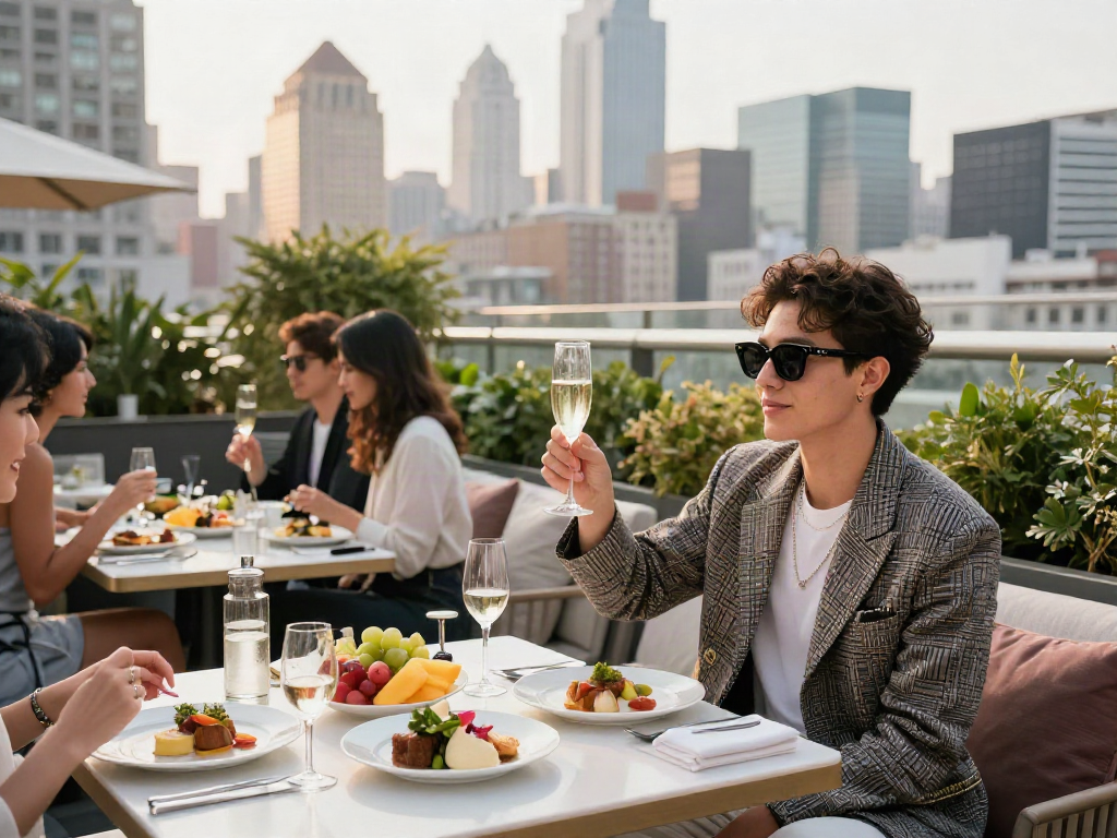 Brunch mewah dengan suasana urban di luxury111, teman-teman menikmati hidangan di teras atap.