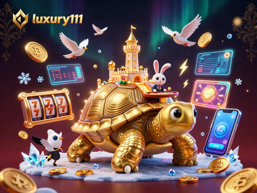 Engage in thrilling gameplay at luxury111 with a vibrant casino scene featuring a golden tortoise and a rabbit dealer.