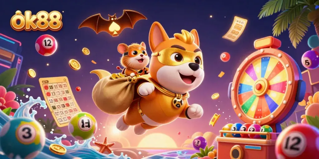Participate in thrilling games at ok88 featuring vibrant lottery elements and a superhero dog!