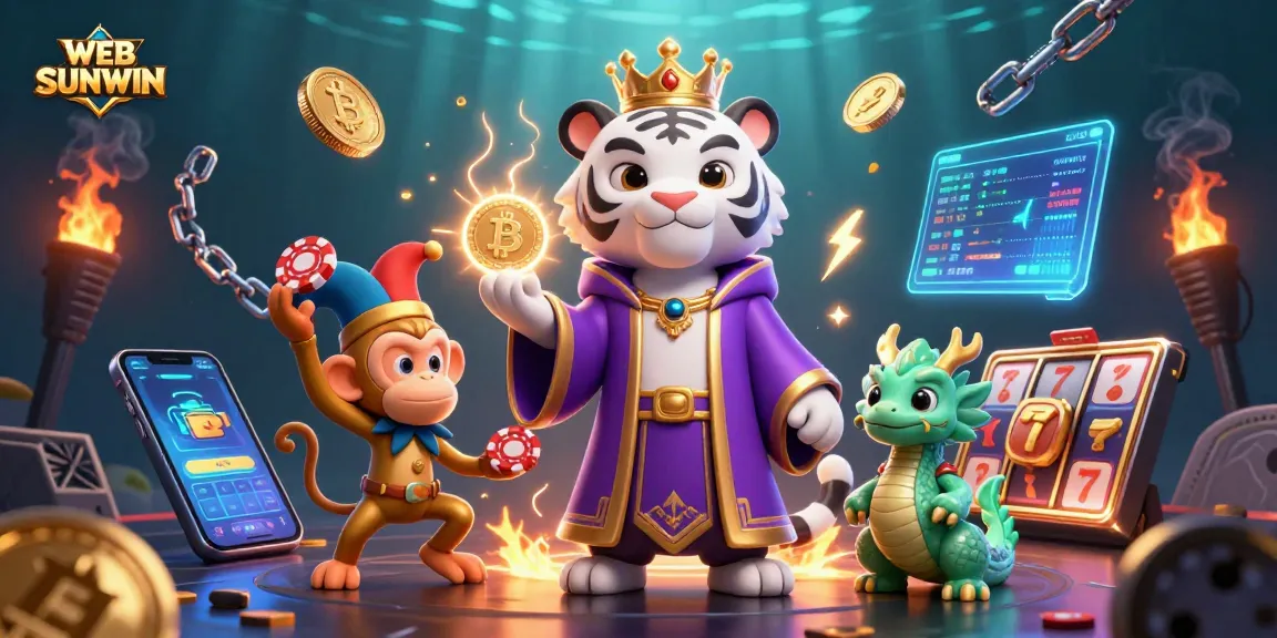 Engage with WEB SUNWIN in this vibrant 3D casino scene featuring a regal tiger, jester monkey, and a jade dragon.