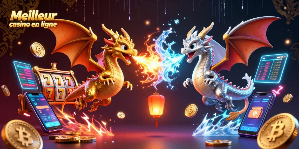 Engage with the thrilling world of "Meilleur casino en ligne" featuring dynamic dragons amidst vibrant gaming icons.