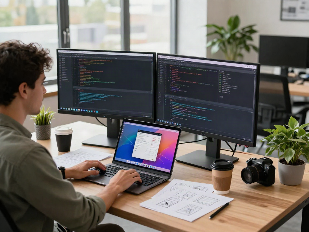 Developer focused on coding with gb whatsapp apk on dual monitors in a bright office.