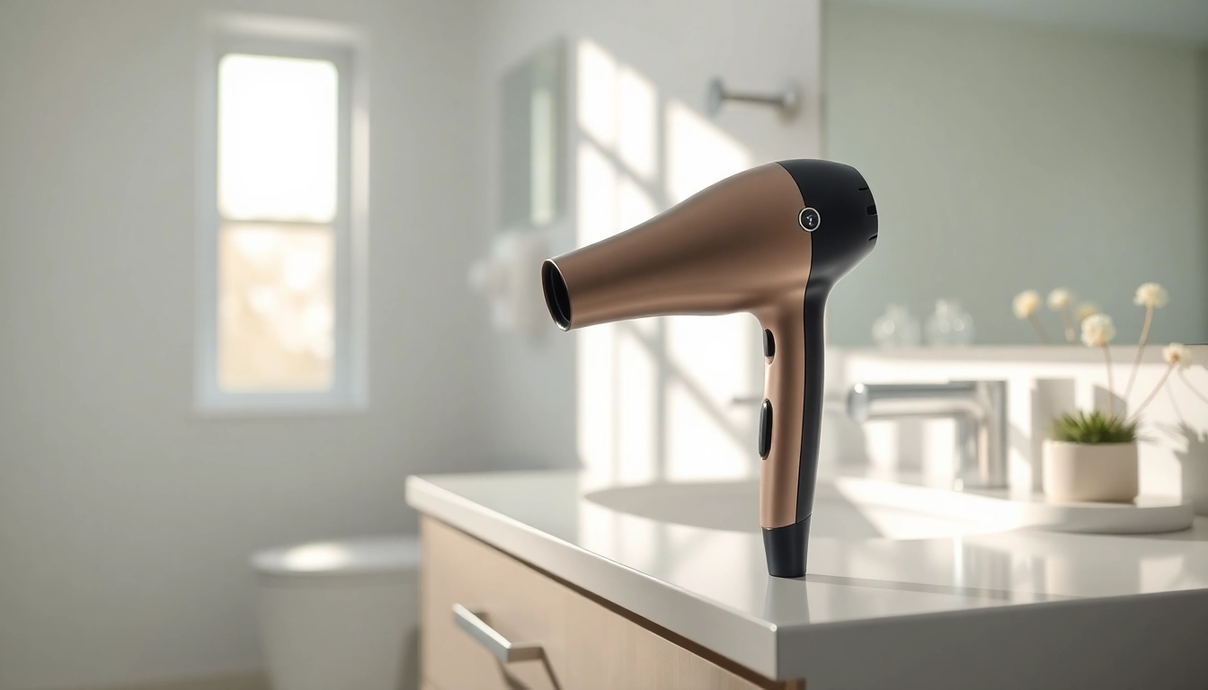 Showcase the Laifen website with a modern hair dryer in a serene bathroom setting.