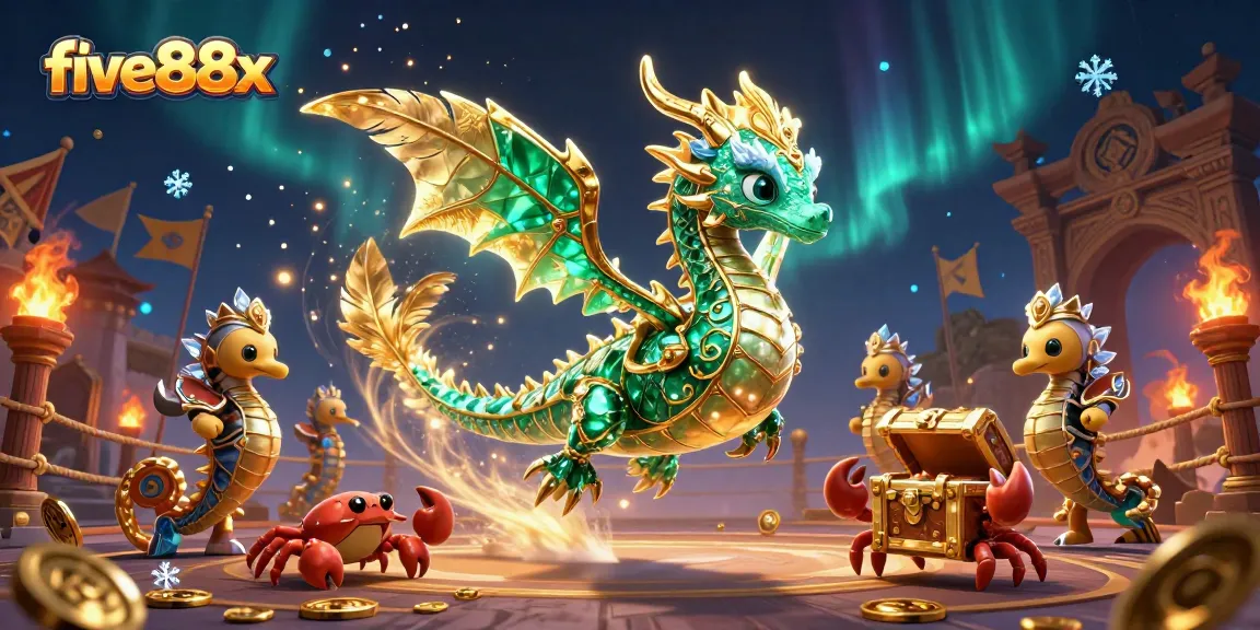 Engage with five88x at a vibrant casino scene featuring a sea dragon and treasure chest.