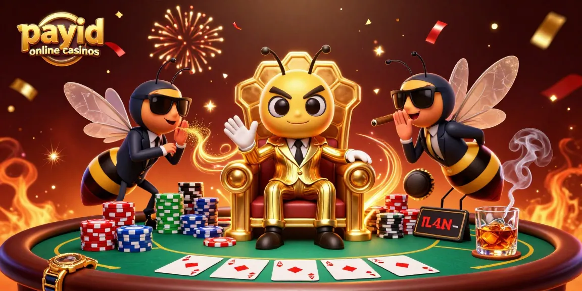 Spin and win at payid online casinos featuring a bumblebee mob boss and vibrant poker elements.