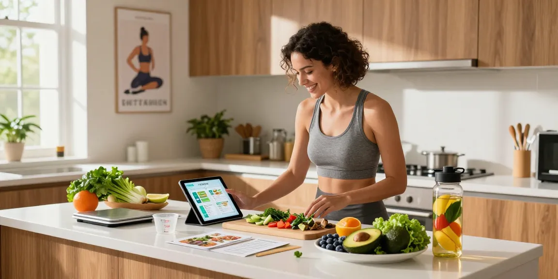 Person using the best food tracking app while preparing healthy meals in a bright kitchen.