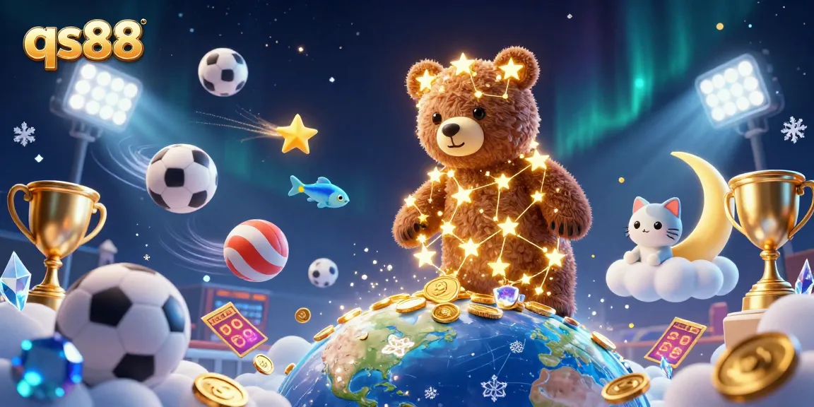 Engage with qs88's thrilling games as the constellation bear scoops coins while companions cheer in a vibrant casino scene.