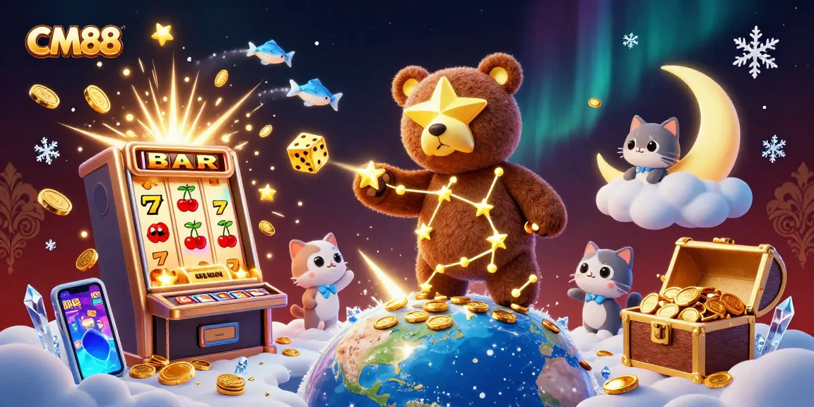 CM88 showcases a vibrant slot game scene with golden stars and jackpot excitement.