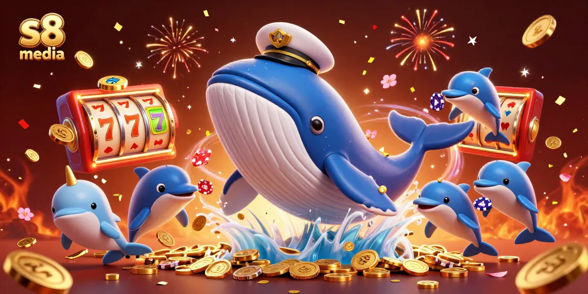 Engage with slots excitement at s8 media featuring a cheerful whale, a narwhal, and lively dolphins.