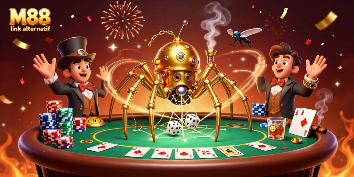 Engage with M88 link alternatif while enjoying a 3D steampunk spider and Victorian fly in a rich casino scene.